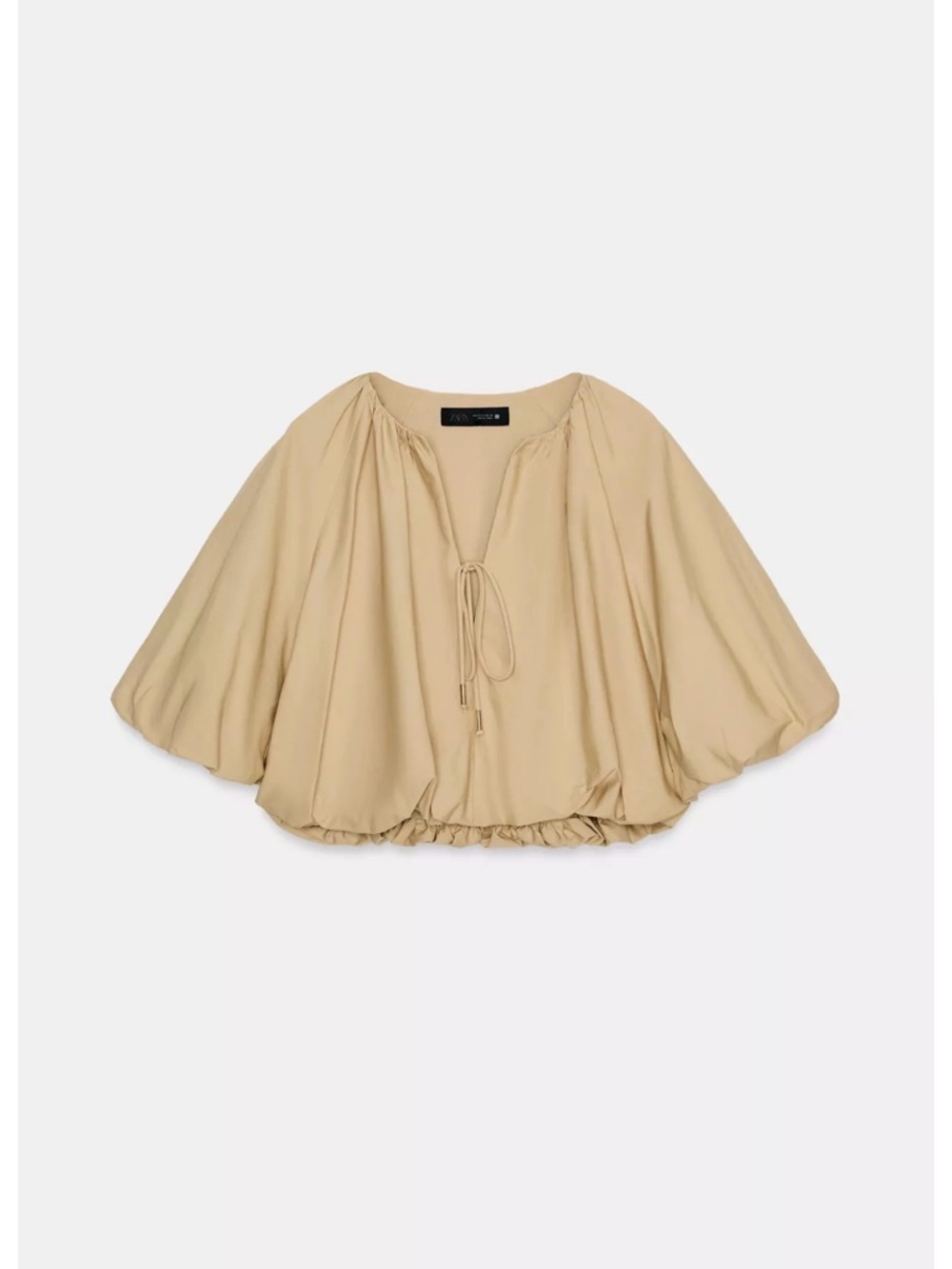 Zara Tan Balloon-Sleeve Crop Top with Drawstring
